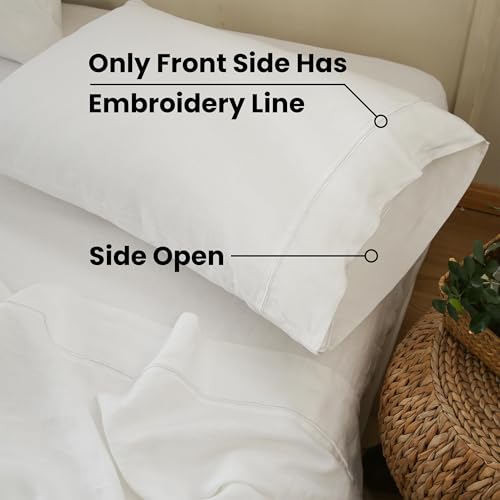 100% French Linen Pillowcases with Embroidery - Pack of 2 - Washed Solid Color Natural Flax Soft Breathable - White, 20'' x 30'' - color: White, size: 20''x30'' - Embroidery