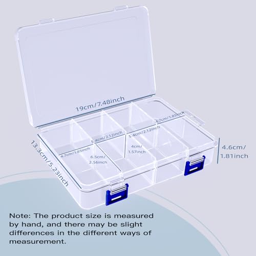 2 Pcs 8 Grids Clear Plastic Storage Box with Adjustable Dividers, Stackable 8 Compartments Small Organiser Box Container for Accessories Beads Jewelry Earring Tool, 7.48×5.23×1.8 Inches