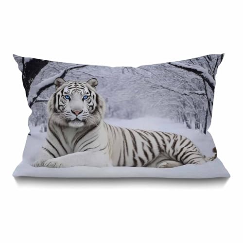 Smooffly Tiger Farmhouse Oblong Rectangle Throw Pillow Case White Siberian Tiger Cotton Linen Cushion Cover Sofa Armchair Bedroom Livingroom 12x20 Inch - color: Md005