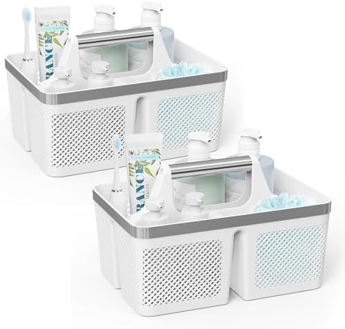 BYUNER 2Pack Shower Caddy Dorm: Portable Bathroom Caddy Organizer with Handle and Holes, Plastic Cleaning Caddy, Hard Shower Basket Storage Tote for Toiletry, College Dorm Room Essentials White/Silver - color: 2 Pack White/Silver