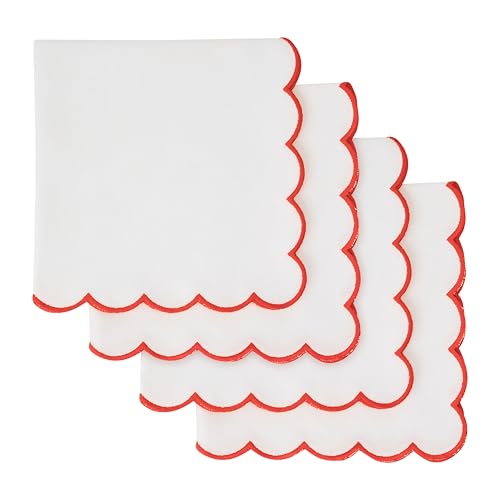 Blue Needles Cotton Scalloped Embroidery Cloth Napkins 17X17Inch - Set of 4 - color: White(edges - Red)