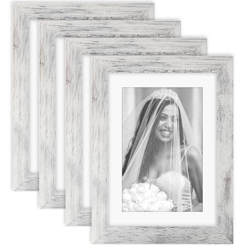 TOFOREVO 5x7 Picture Frames with 4x6 Mat Set of 4, Distressed White - color: Distressed White, size: 5x7