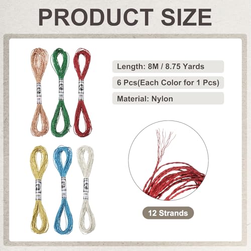 PATIKIL 6 Skeins Embroidery Floss, Metallic Embroidery Thread Nylon Threads Bracelets String for Cross-Stitch Hand Embroidery, Blue/Dark Green/Red/Light Gold/Bronze/Silver - color: Blue/Dark Green/Red/Light Gold/Bronze/Silver