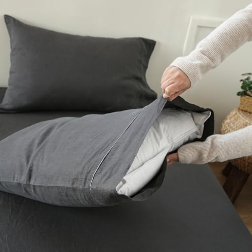 100% French Linen Pillowcases with Embroidery - Pack of 2 - Washed Solid Color Natural Flax Soft Breathable - Dark Grey, 20'' x 30'' - color: Dark Grey, size: 20''x30'' - Embroidery