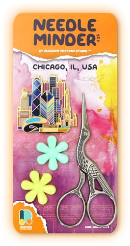 Awesome Pattern Studio Chicago Magnetic Needle Minder Set Includes Needle Minder, 2 Threaders, Crane Scissors. Enamel Pin for Cross Stitch, Embroidery and Craft - size: Chicago Set #2