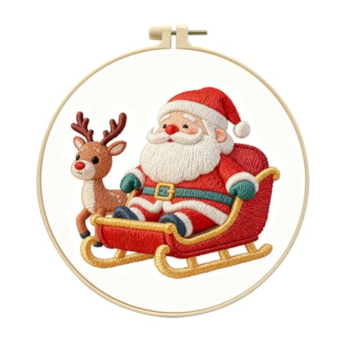 Zhenqing Santa Reindeer Embroidery Kit for Beginners, Christmas Sleigh Needlework Kit with Pre-Printed Fabric, Hoop, Threads & Tools (C0148) - color: Santa Claus and Reindeer
