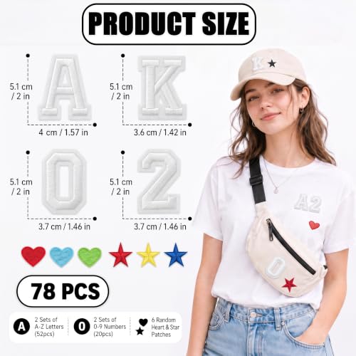Jongdari Iron On Letters and Numbers Patches for Clothing, 2" Embroidery Alphabet Letterman Jacket Patche A-Z & 0-9 Applique for Backpack & Fabric (White 78pcs) - color: White, size: 52 Letters + 20 Numbers + 6 Patches