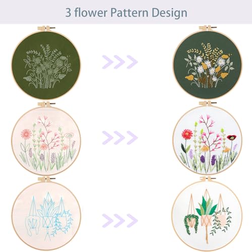 Offizon 3 Sets Embroidery Kit for Beginners Adult DIY Cross Stitches - color: Flower-D (3 Pack)