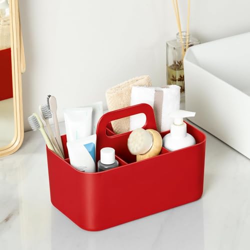 Multiuse Caddy Organizer with Handle, Portable Divided Plastic Tote Bin - Art Craft, Stationary Pen Marker Crayons, Makeup Hair Supplies Storage - Bathroom, Classroom, Dorm, Office, Desk Holder - Red - color: Red