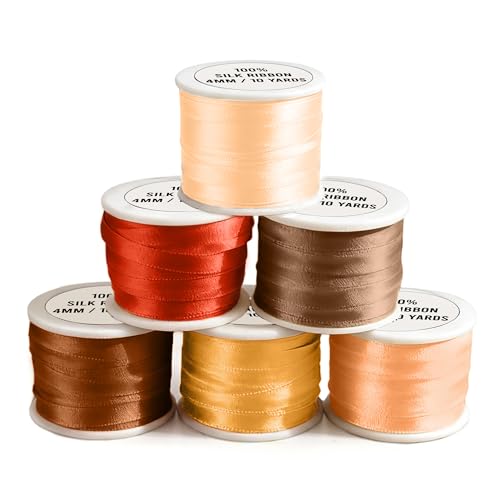Brown Shades 4mm 100% Pure Silk Ribbon Set, 6 Spools (10 Meters Each)