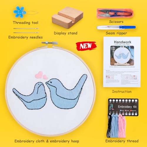 Embroidery Kit for Adult Beginners, Small Birds Embroidery Kit with Step-by-Step Instructions and Video, Printed Cloth, 7.87" Hoop, Display Stand, Color Threads and Tools for Craft Lover(BED005) - color: Blue birds