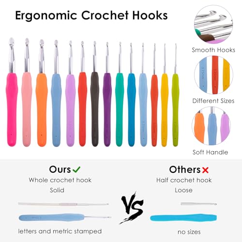 MYBAGZING Ergonomic Crochet Hook Set with Case 14 Sizes 2mm-10mmCrochet Kit - color: Black, size: Case (14 Crochet Hooks)