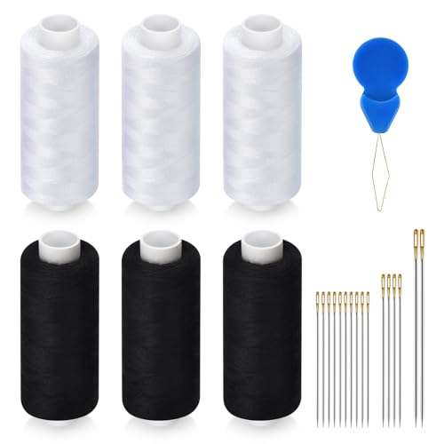 6 Pcs Sewing Thread Kit, 400 Yards Each Spool 402 Polyester Thread with Sewing Needle & Threader, Sewing Threads for Sewing Machine, Hand Stitching, Embroidery - color: 3black+3white