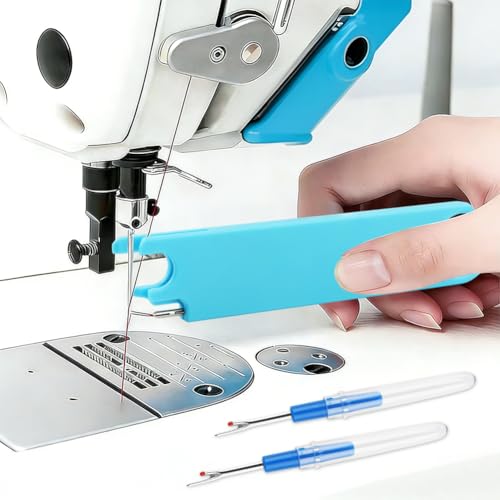 Sewing Machine Needle Threader with Magnifier, 3 in 1 Quick Threading Tool with Magnetic Mount & Integrated Ruler, Anti-Prick Stitch Insertion Kit with 2 Seam Rippers for Quilting