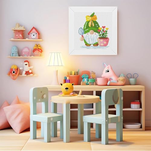 Gnomes Stamped Cross Stitch Kits for Adult Beginner with Wooden Frame - color: Gnome Plants