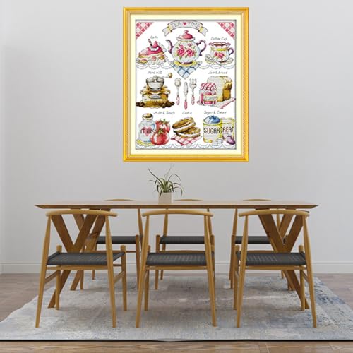 Rosyfoxes Cross Stitch Kits Stamped Full Range of Embroidery Starter Kits for Beginners DIY 11CT 3 Strands - Printed kit Tea Time (2)(Printed) 18.1x22 inches - color: Tea time (2)(printed)18.1x22inches