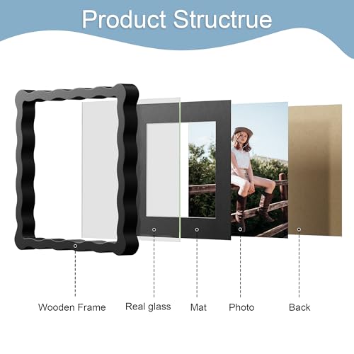 8x8 Picture Frame with Mat for 6x6, Wavy Edge Wooden Real Glass Photo Frame for Tabletop and Wall Hanging, Black, 1 Pack - color: Black, size: 8x8 in