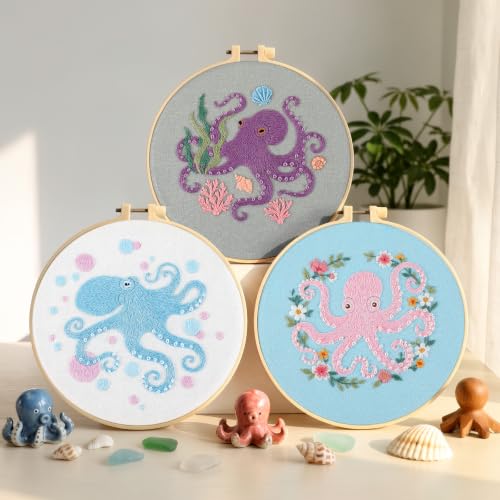 Mindsoft 3 Set Needlepoint Kit for Beginners with Hoop,Octopus - style: Octopus