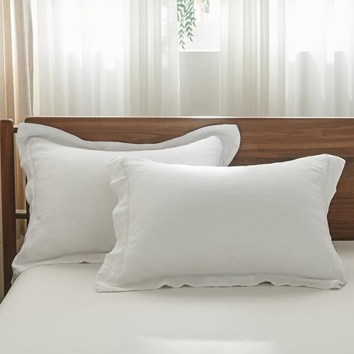 Simple&Opulence 100% French Linen Pillowcases with Embroidery – Pack of 2, Washed Solid Color Natural Flax, Soft & Breathable - White, 20'' x 26'' - color: White, size: Queen