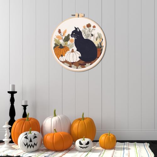 IUHUI Embroidery Kit for Beginners Adults - Black Cat and Pumpkin Themed Halloween Easy Patterns, DIY Hand Stitching Embroidery Set with Hoop (Black Cat Autumn Plant) - color: Black Cat Autumn Plant