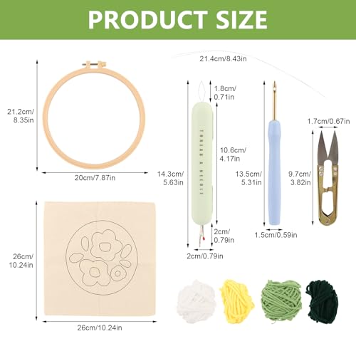 JITIERYALO Punch Needle Kit for Beginners, Green Floral Embroidery Starter Set with Hoop 20x20cm, Patterned Fabric, Punch Needle and Yarn for Adults Festival Gift and Decoration