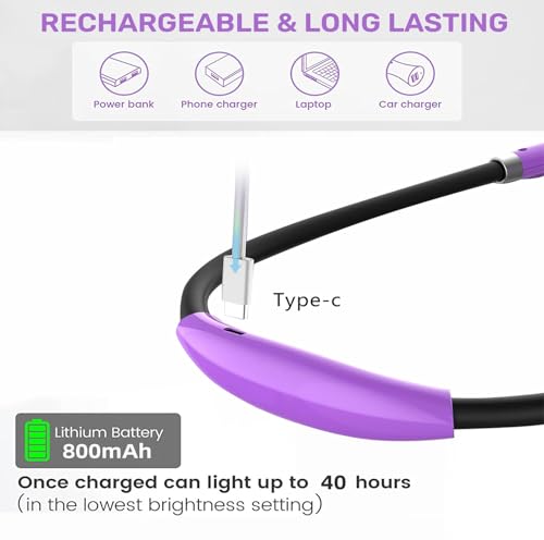 LED Reading Light, Rechargeable 4 LED Neck Book Light, Flexible Neck Lamp for Reading in Bed or Car with Adjustable Brightness, Ideal for Bookworms Kids Crafts Knitting Travel or BBQ (Purple)