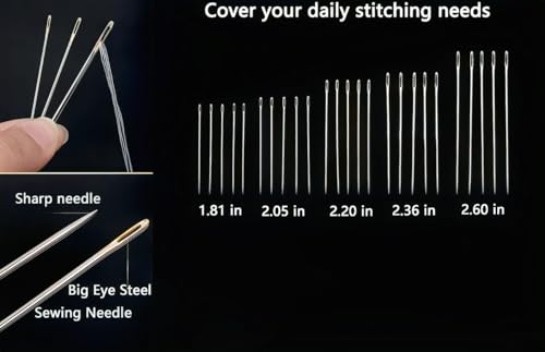 35PCS Large Eye Sewing Needles, Big Eye Steel Needle Set, Stainless Steel Needles for Hand Sewing, Stainless Steel Yarn Knitting Needle with Threader Thimble for Crafts, Repair Quilting