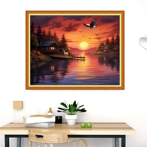 Dimensean Stamped Cross Stitch Kits Full Range of Embroidery Patterns Starter Kits for Beginners Adult DIY Cross Stitches Needlepoint Kits 11CT-Sunrise Eagle by the Lake 16x20 inch - color: Craftpattern38