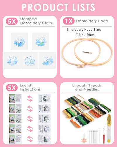TINDTOP 5 Pack Embroidery Kit for Adult, Embroidery DIY Starter Kit - color: Fish World