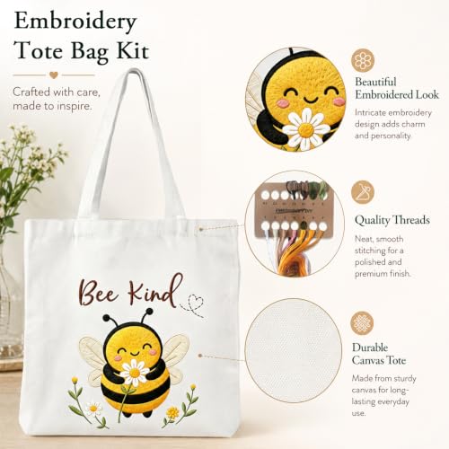 Nuberlic Bee Embroidery Tote Bag Kit for Beginners Stamped Embroidery - color: Bee