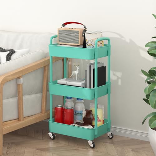 Sywhitta 3-Tier Plastic Rolling Utility Cart with Wheels for Storage, Green - color: Green, size: 3-tier