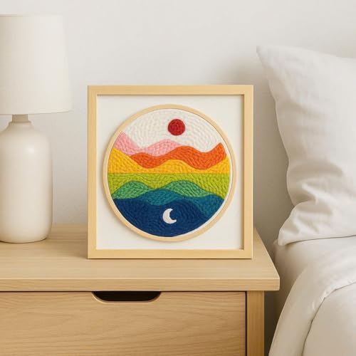 CELCRAFTIQUE Punch Needle Kits for Adults Beginner, Tool with Punch Needle Fabric, Hoops, Yarns and Sewing Needles (Style 2) - color: Rainbow Horizon
