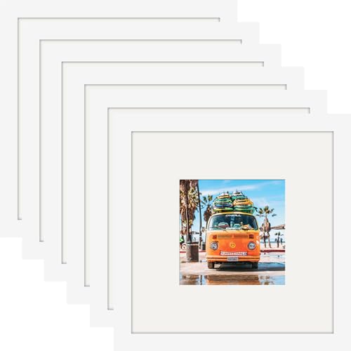 WUTL 8x8 Picture Frames Solid Wood 4x4 Square Frame with Mat White 6 Pack - color: White, size: 8x8