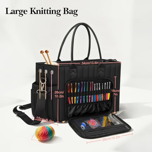 VERONLY Crochet Bag Yarn Storage, Large Knitting Tote with Padded Crochet Hook Organizer, Tote with Multiple Compartments for Crochet Lovers, Knitting Accessories, Unique Valentines Gifts for Her - color: Black02
