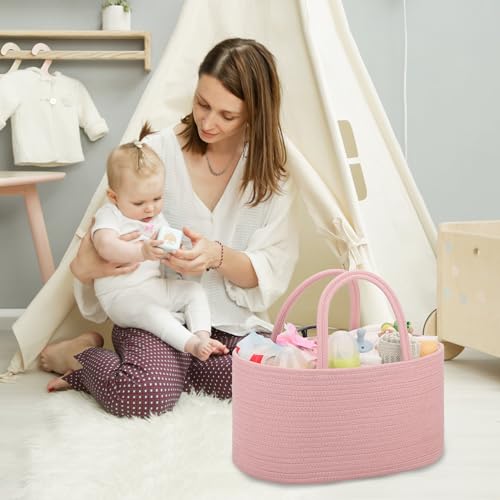 COMSE Large Cotton Rope Baby Diaper Caddy Organizer for Girls, Dusty Pink - color: Dusty Pink, size: Large