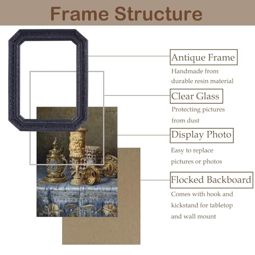 Vintage Picture Frames 5x7 Octagon Black Antique Ornate Picture Frames for Tabletop and Wall Mount with Glass Front Retro Home Decor Old Fashioned Victorian Photo Gallery Wall Decor - color: Black, size: 5x7