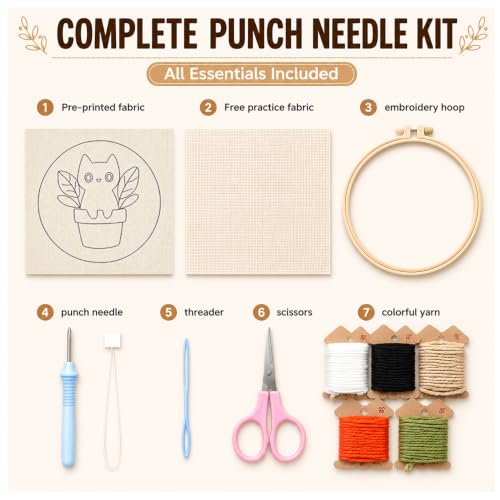 Punch Needle Kit for Beginners Adults Plant Cat, with Embroidery Hoop - color: Punch Needle kit-Plant Cat