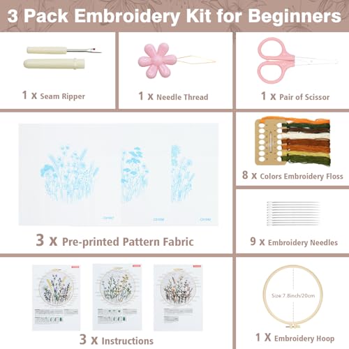 RidaaFri Embroidery Kit for Beginners, 3 Set Flower Pattern Practice Kits
