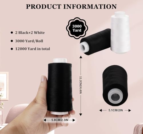 ilauke White & Black Sewing Thread 3000 Yards Each, 40S/2, 4 Large Cones - color: Black & White