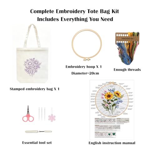 Vigdit Canvas Tote Bag Embroidery Kit for Beginners, Needlepoint Cross Stitch Kit for Adult Beginner, DIY Reusable Grocery Bags Embroidery Starter Kit with Stamped Floral Tools & Instructions - color: Flower3