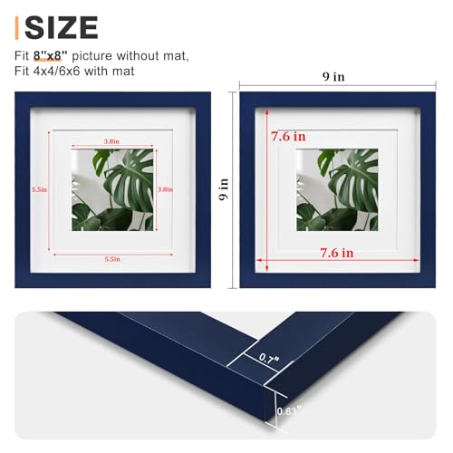 Egofine 8x8 Picture Frame, Made of Solid Wood with Plexiglass, for Tabletop and Wall Hanging Display Picture 4x4/6x6 with Mat or 8x8 Without Mat, Navy Blue - color: Navy Blue, size: 8x8