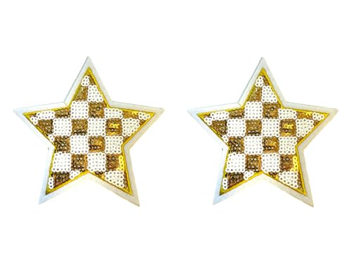 Gold Checkered Sequin Star Patch, 3.75" x 3.75”, 2-Pack, Embroidered Iron-On for Hats, Bags, Jackets - color: Checkered Sequin Star - Gold