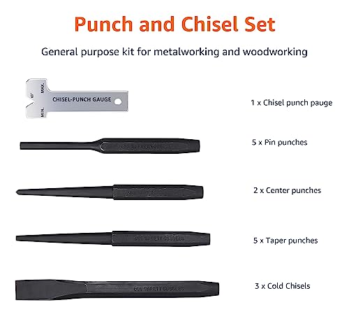 Amazon Basics 16-Piece Chrome Vanadium Steel Punch and Chisel Set with Storage Pouch, Cold Chisel, Pin Punch, Center Punch - size: Small, Medium, Large