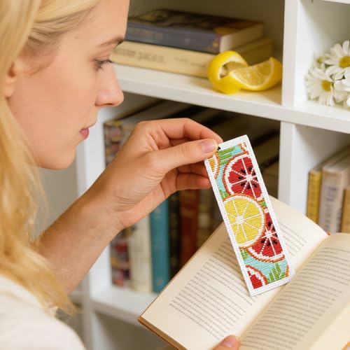 INFUNLY 6Pcs Lemon Cross Stitch Bookmark Kit 3x8.5 Inch/7.6x21.6cm Stamped Embroidery Starter Set with 20 Color Floss Cotton Linen DIY Needlepoint Bookmark for Book Lovers Gift, Colorful - style: Lemon