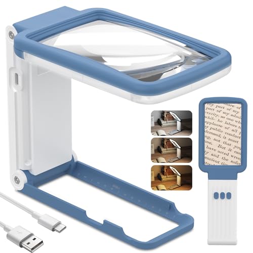 15X Magnifying Glass with Light and Stand, Real Glass Lens, Rechargeable Foldable Handheld Magnifier, 3 Color Modes Dimmable Lighted Page Magnifier for Reading Fine Prints, Seniors - Blue White - color: Blue White