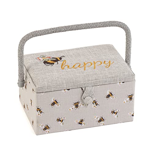 Hobby Gift Medium Sewing Box Organiser, Fabric Covered Storage Box with Handle, Internal Tray, Pin Cushion and Pocket for Sewing, Quilting and Knitting Supplies - color: Bee Happy