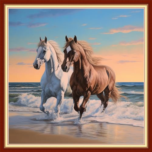 Disxvivy Cross Stitch Stamped Full Embroidery Kits DIY 11CT Cotton Thread Printed DIY Needlepoint Kits Craft Needlework Set Cross-Stitch Stamped Sets-Beach Steed 18x18 inch - color: Artstyle15