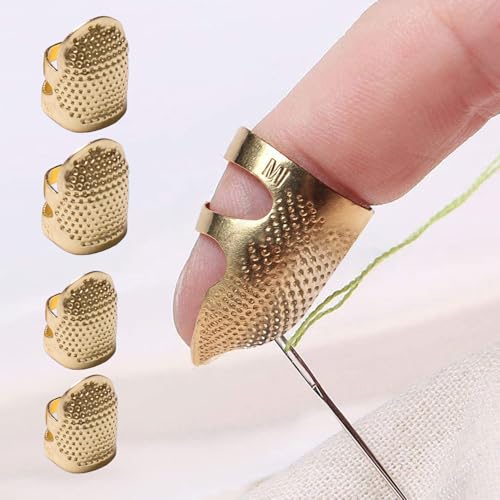 4 Pack Adjustable Metal Sewing Thimbles S+M – Finger Protector for Quilting Embroidery Needlework and DIY Craft Safety Use - color: 4 Golden