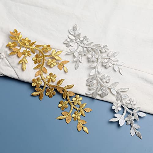 4 Pieces 10x5inch Long Patch Flower Vine with Leaf Iron on Patch Embroided Applique for Garment Curtain Pillow Blanket Trimming Shoes Jeans Clothing Embelishments (White) - color: White