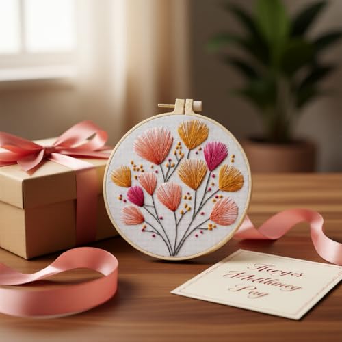 JJFox Embroidery Kit for Beginners and Adults, DIY Hand Embroidery Starter Kit with Cute Pattern, Cross Stitch Needlepoint Set with Hoop, Threads and Instructions (Flower-2) - color: Flower-2